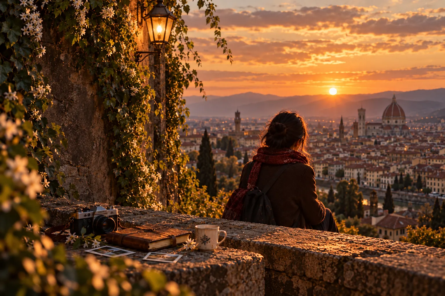 Una mujer de espaldas contempla la ciudad al atardecer desde una terraza.